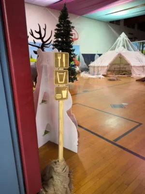 Festive bunting and banners decorating the VBS stage in Columbia, MD