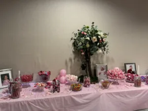 Pink and white balloon decorations with dessert table, Sweet 16 party in Frederick, MD