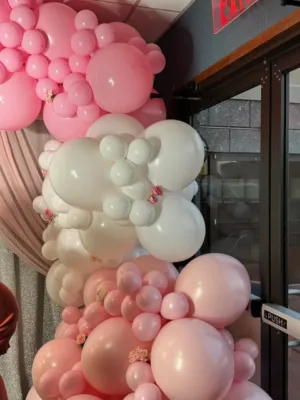 Pink and white balloon garland with shimmer wall, Sweet 16 decor in Frederick, MD