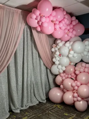 Pink and white balloon garland arch, Sweet 16 party decor in Frederick, MD