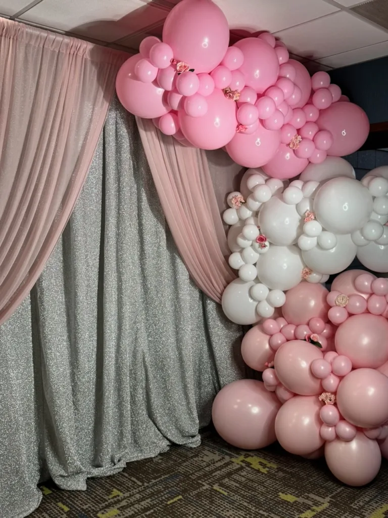 Pink and white balloon garland arch, Sweet 16 party decor in Frederick, MD