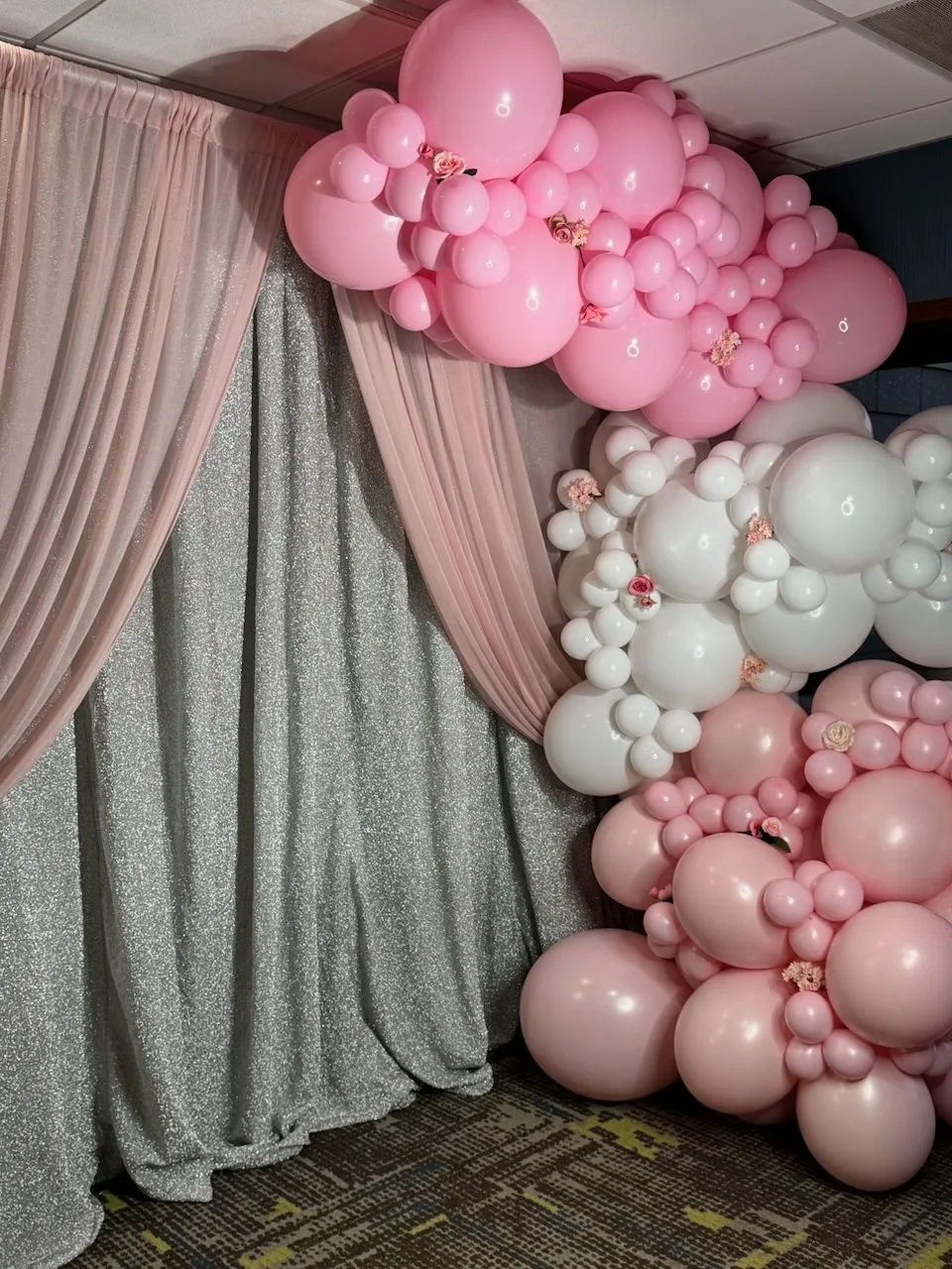 Pink and white balloon garland arch, Sweet 16 party decor in Frederick, MD
