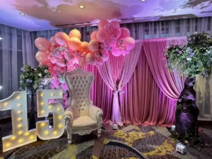 Wide view of the quinceañera reception hall in BWI, MD