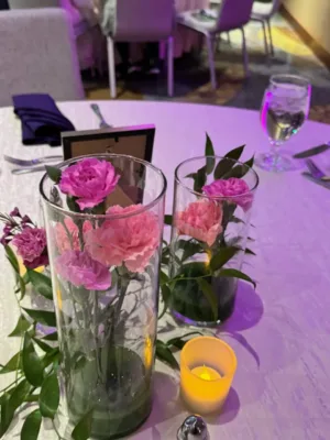 Dance floor framed by pink curtains at the quinceañera