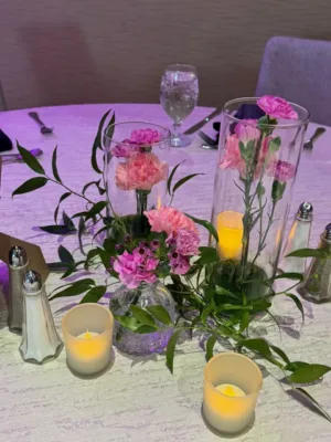 Detailed shot of the floral table arrangements in BWI