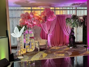 Full panorama of the quinceañera decor at Hilton BWI