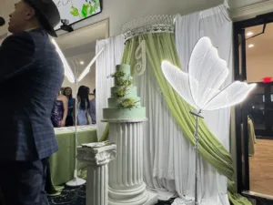 Multi-tiered light green quinceañera cake with illuminated butterfly wing decor and crown-topped drapery at Jimena's quinceañera in Silver Spring, MD
