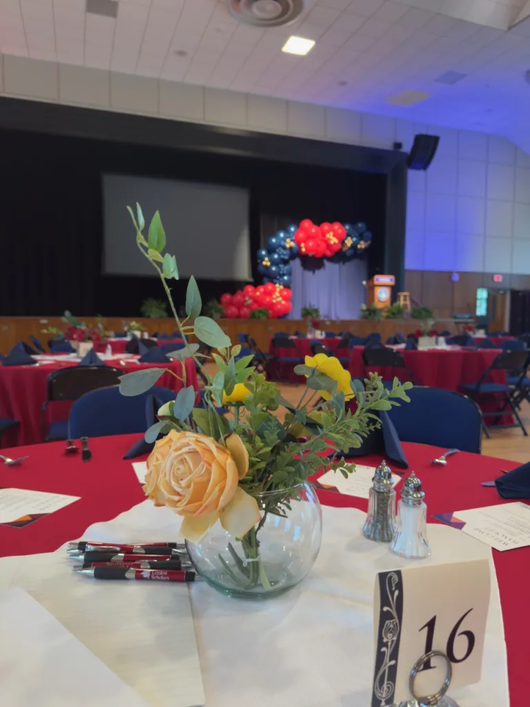 Wide view of the decorated dining room at Gettysburg College in Gettysburg, PA