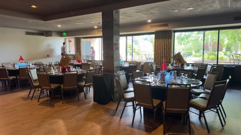 Event venue interior with tables set for the corporate summer party at Turf Valley, Ellicott City, MD